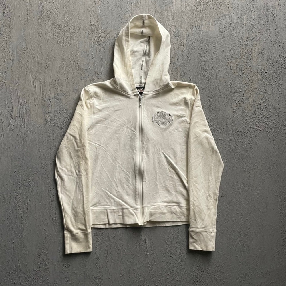 Vintage Harley Davidson Studded Zip Hoodie Women XL White Y2K